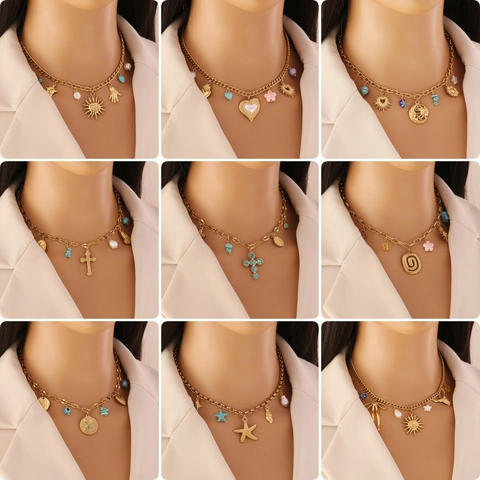 Collana Bohemian in Acciaio Inossidabile Oro per Donna Perline Colorate Turchese Perla Artificiale Cuore Stella Marina Croce Ciondolo Gioielli