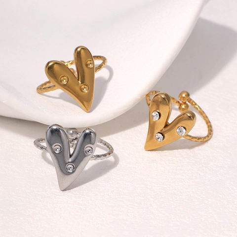 Anillo Abierto Corazón Bañado En Oro 18K Acero Inoxidable Diamante Ajustable Martillado Texturizado Joyería Mujer