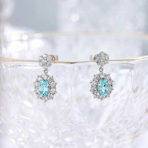 925 Sterling Silver Paraiba Blue Zirconia Drop Earrings Elegant Flower Cluster Halo Earrings For Women Jewelry Gift