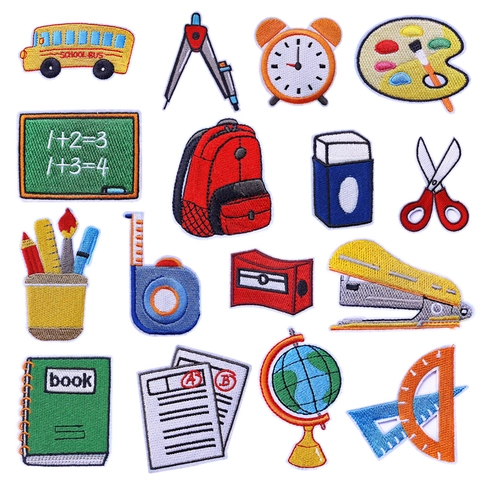 Cute School Bus Stationery Embroidery Patches Iron On Fabric Badges For Student Backpack Clothing DIY Repair