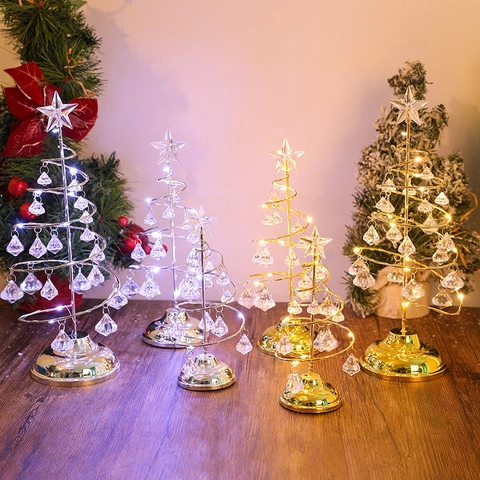 Arbre De Noël En Cristal Décoration De Table Spirale Fer LED Veilleuse Avec Étoile Et Pendentifs En Acrylique