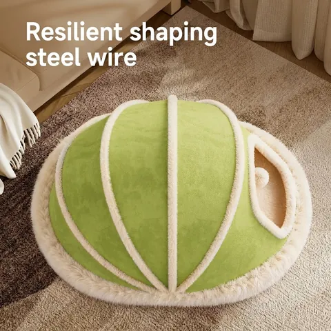 Cama Tienda Para Gatos Semicerrada Nido De Felpa Cálido Casa De Invierno Engrosada Cama Plegable Verde