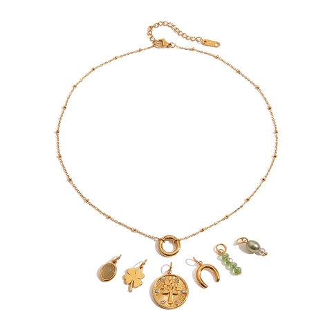 Stainless Steel 18K Gold Plated Multi Pendant Necklace Four Leaf Clover Tree Of Life Horseshoe Artificial Pearl Waterproof Elegant