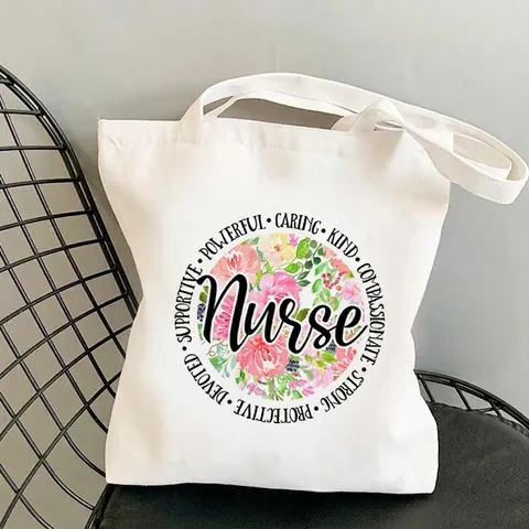 Canvas Tote Bag Printed Nurse Theme Medical Nursing Student Gift Shoulder Shopping Handbag Reusable Large Capacity