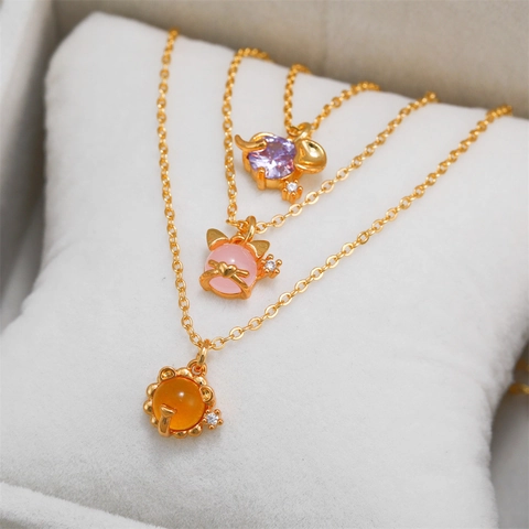 Collana con Pendente Animale in Ottone Carino per Donna Placcato Oro 18K Strass Cartone Animato Gatto Elefante Gioielli
