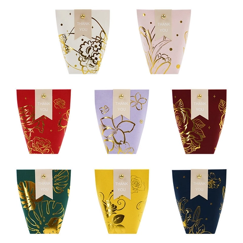 Hot Stamping Floral Gift Box With Thank You Tag Gold Foil Candy Packaging Box For Wedding Birthday Party Favor Paper Box