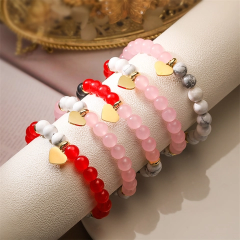 Bracciale Di Perline In Pietra Naturale Con Ciondolo A Cuore Agata Corniola Quarzo Rosa Gioiello Elastico Boho