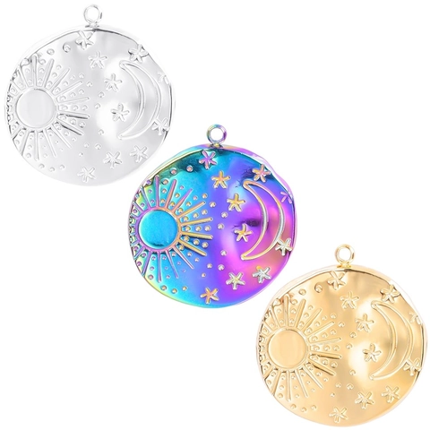 Sun Moon Star Stainless Steel Pendant Round Celestial Charm For DIY Jewelry Making Celestial Boho Style Necklace Accessory