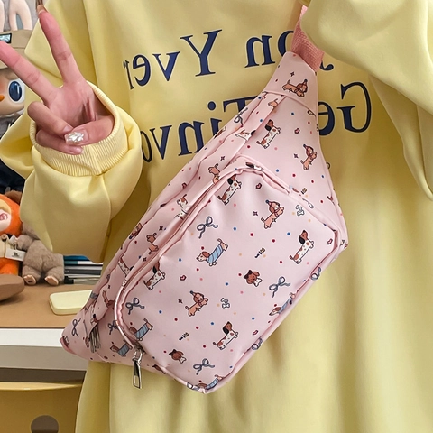 Cartoon Dachshund Print Nylon Chest Bag For Women Girls Cute Kawaii Lightweight Adjustable Crossbody Waist Fanny Pack