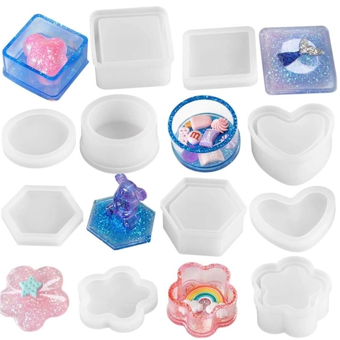 Silicone Mold For DIY Storage Box Resin Casting Jewelry Organizer Case Heart Square Hexagon Shapes With Lid