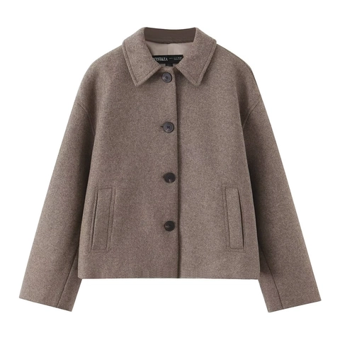 Women Fashion Wool Blend Short Coat Casual Lapel Single Breasted Solid Color Loose Fit Jacket High Quality Outwear