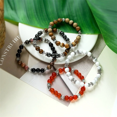 Natural Stone Beaded Bracelet Elastic Agate Tiger Eye Turquoise With Alloy Spacers Retro Jewelry Gift For Men Women