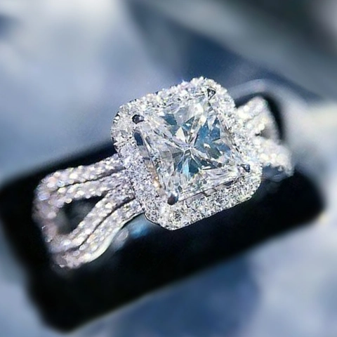 Princess Cut Zirkonia Ring Für Damen Mit Halo Fassung Und Geteiltes Schaft Design Eleganter Verlobungsring Hochzeitsschmuck