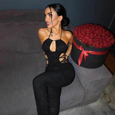 Women Halter Neck Jumpsuit Hollow Out Backless Flared Leg Jacquard Textured Streetwear Sexy Black