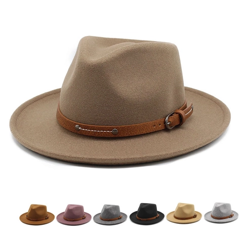 Classic Wool Felt Fedora Hat With Leather Belt Metal Buckle Rivets Retro Wide Brim Jazz Cap For Men Women