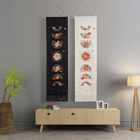 Bohemian Wall Tapestry Floral Moon Phase Hanging Painting Cotton Linen Vertical Decorative Background Decor With Tassels