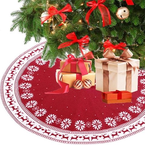Christmas Tree Skirt Knitted Acrylic Snowflake Reindeer Pattern Holiday Party Decoration Red White Soft Elastic