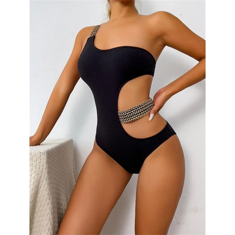 Traje De Baño De Una Pieza Para Mujer Un Hombro Hueco Correas De Cadena Metálica Color Sólido Sexy Espalda Descubierta