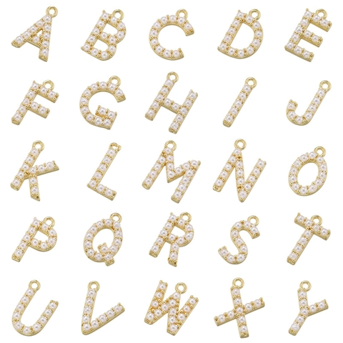 Colgante de Letra de Alfabeto de Cobre Chapado en Oro 18K Con Perla Artificial Dije Minimalista Para Creación de Joyas DIY