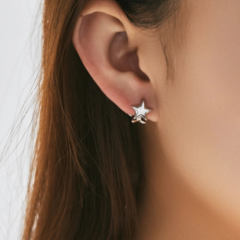 925 Sterling Silver Star Heart Hoop Stud Earrings Minimalist Geometric Double Sided Jewelry For Women