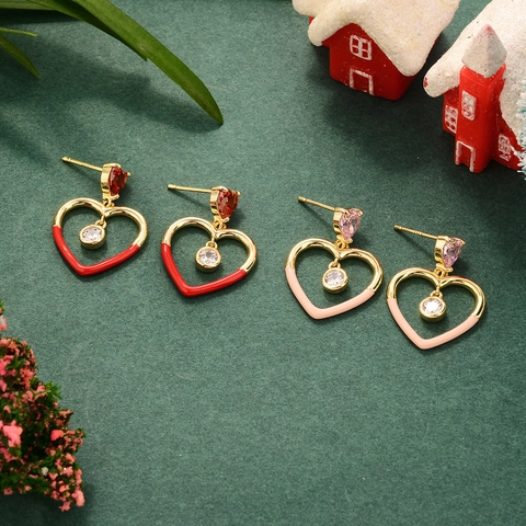 Heart Drop Earrings Red Pink Enamel Dangling Zircon Christmas New Year Jewelry With 925 Sterling Silver Earring Post