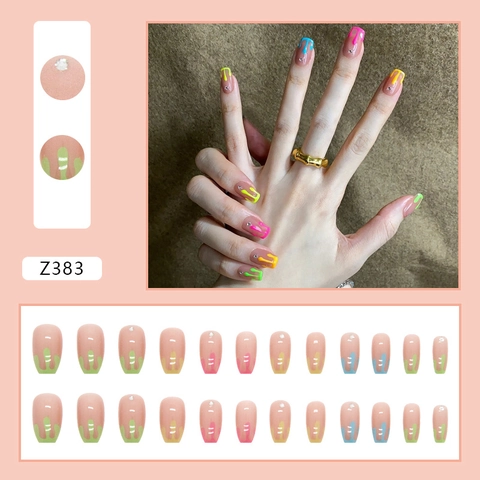 Neon Color Press On Nails Dripping Paint Design Rhinestone Decor Short Ballerina Shape Artificial False Nails Summer Style Women