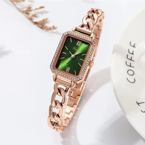 Women Fashion Quartz Watch Rectangular Dial Rhinestone Bezel Alloy Chain Bracelet Strap Waterproof Luxury Jewelry Style