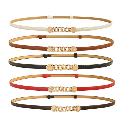 Ceinture Décorative Mince Pour Femmes En Similicuir Avec Boucle En Chaîne Métallique Élastique Pour Robes Élégant