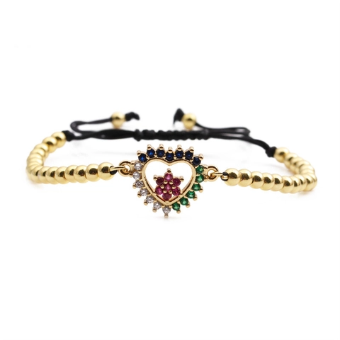 Bracciale In Rame A Forma Di Cuore Con Zirconi Colorati Micro Incastonati Corda Intrecciata Regolabile