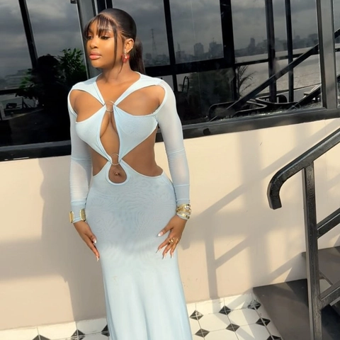 Women Cut Out Maxi Dress Long Sleeve Backless Metal Ring Bodycon Knitted Mesh Elegant Solid Color Party Wear