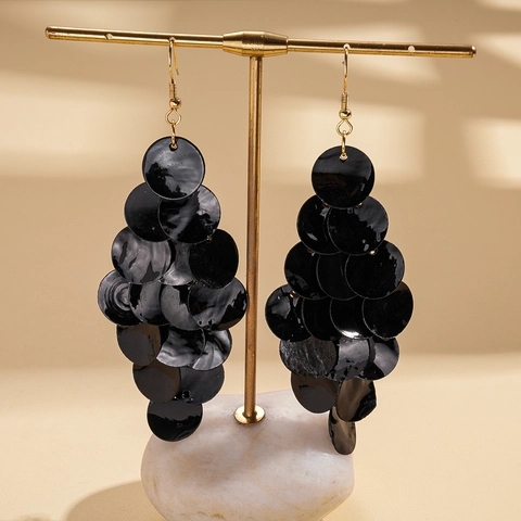 Pendientes Colgantes De Concha Borla Capas Redondas Geométricas Boho Declaración Para Mujeres Elegante Negro Oro