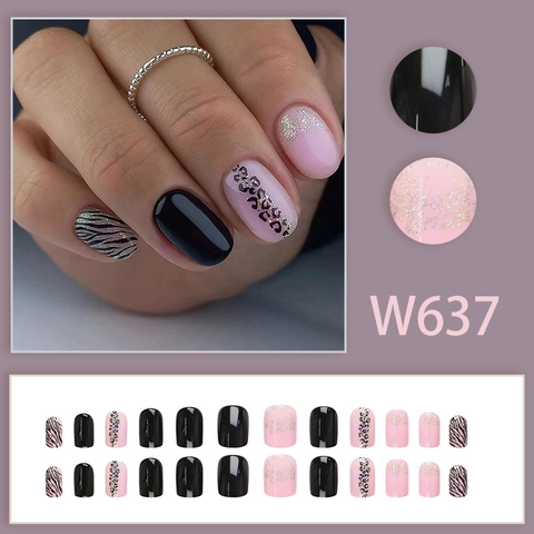 Korte Press On Nagels Glanzend Zwart Roze Glitter Luipaard Zebra Patroon Kunstnagels Voor Vrouwen Met Lijm