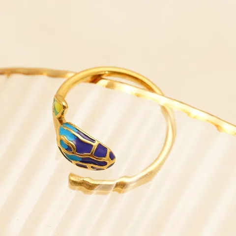 Branch Leaf Open Ring 18K Gold Plated Stainless Steel Colorful Enamel Adjustable Minimalist Jewelry For Women
