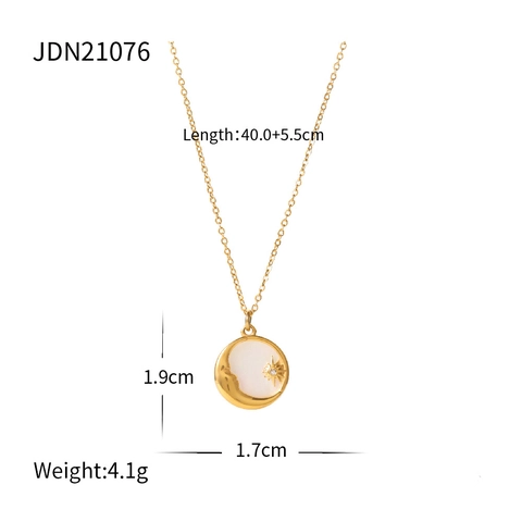 Star Moon Pendant Necklace Stainless Steel 18K Gold Plated Mother Of Artificial Pearl Round Coin Rhinestone Jewelry For Women