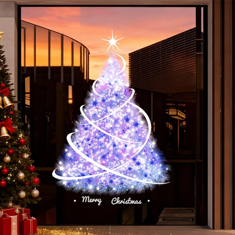 Purple Christmas Tree Static Window Stickers PVC Double Sided Decals For Festive Holiday Party Home Decoration
