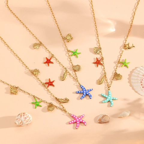 Edelstahl Ozean Thema Anhänger Halskette Emaille Seestern Muschel Seepferdchen Charms Sommer Strand Schmuck Für Damen