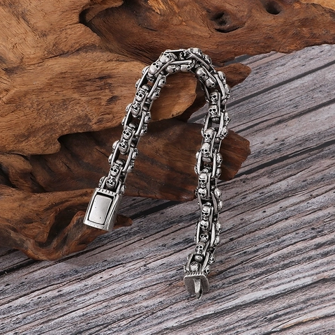 Men Skull Chain Bracelet Vintage 316L Stainless Steel Gothic Punk Biker Jewelry Distressed Antique Silver Color Gift