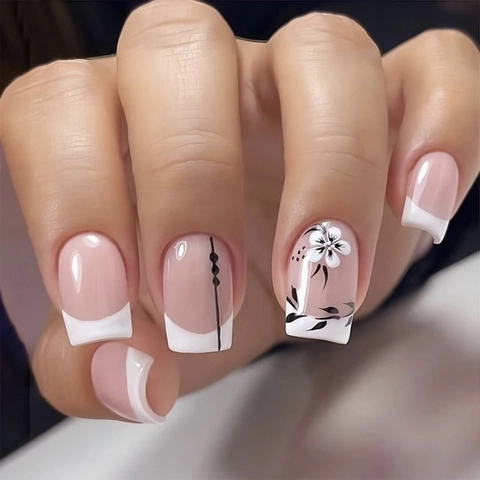 Short Square Press On Nails White French Tips Black Floral Pattern Nude Pink Glossy Artificial False Fingernails