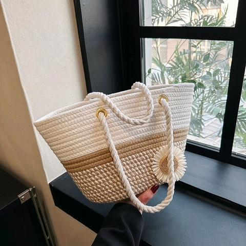 Gewebte Tragetasche Stroh Baumwollseil Große Kapazität Mit Schleife Oder Gänseblümchen Lässige Sommer Schultertasche Damen