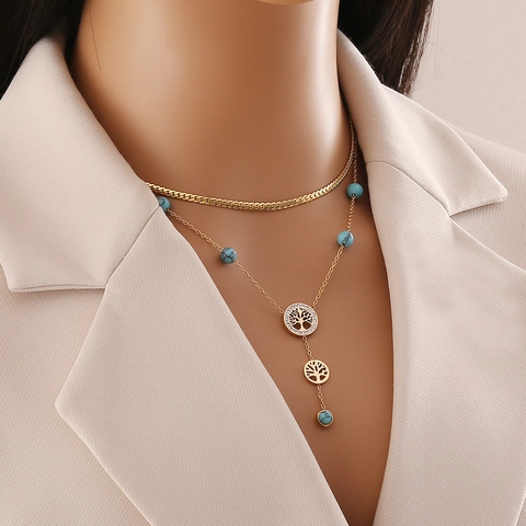 Tree Of Life Multi-Layer Necklace Stainless Steel Gold Plated Turquoise Crystal Pendant Jewelry For Women
