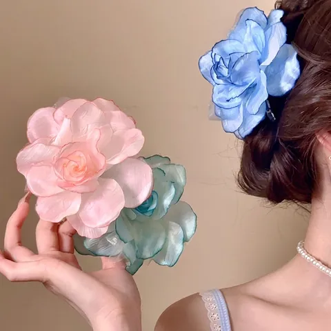 Grande Pince À Cheveux Fleur En Tissu Mesh Organza Forme De Rose Clip Bec De Canard Coiffe Élégante Pour Femmes