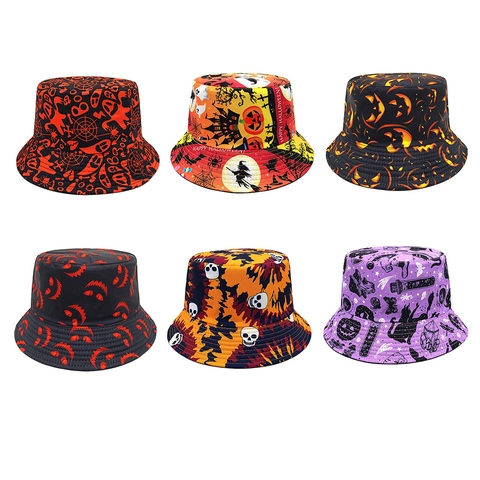 Halloween Bucket Hat Polyester Sun Protection Pumpkin Ghost Print Party Streetwear For Men Women