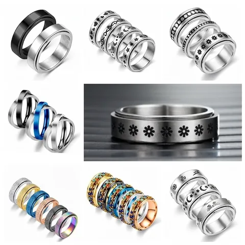 Rotatable Spinner Ring Titanium Stainless Steel Anxiety Stress Relief Star Moon Chain Pattern Unisex Jewelry