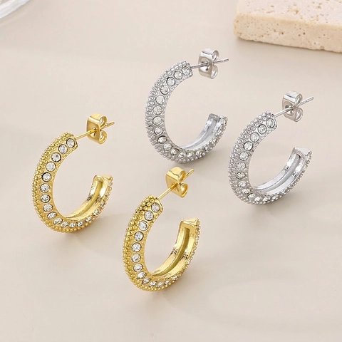 Boucles D'oreilles Créoles En Forme De C Acier Inoxydable Pavé Strass Zircon Luxe Léger Style Vintage Français
