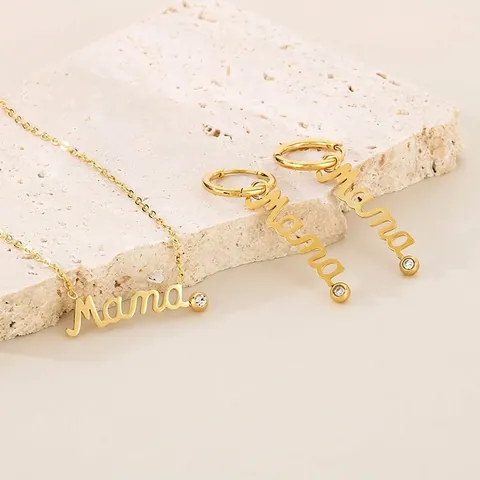 Set Collana E Orecchini Con Pendente Lettera Mama Acciaio Inossidabile Strass Stile Script Donne Regalo Festa Della Mamma
