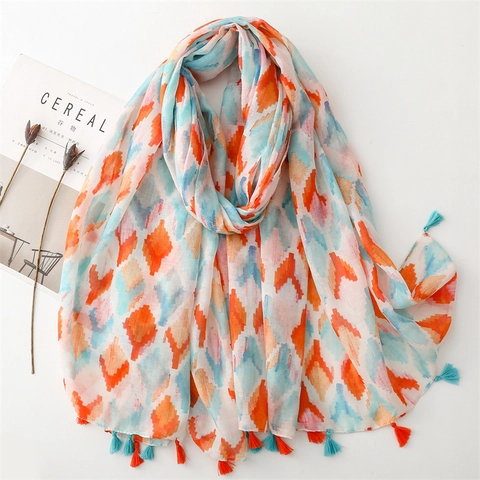 Geometrischer Druck Schal Damen Polyester Voile Schultertuch Quasten Buntes Rautenmuster Sonnenschutz Modischer Boho Wickelschal