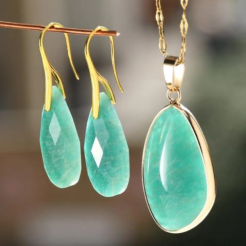Water Drop Natural Stone Necklace And Earrings Amazonite Rose Quartz Stainless Steel Chain Gold Plated Vintage Women