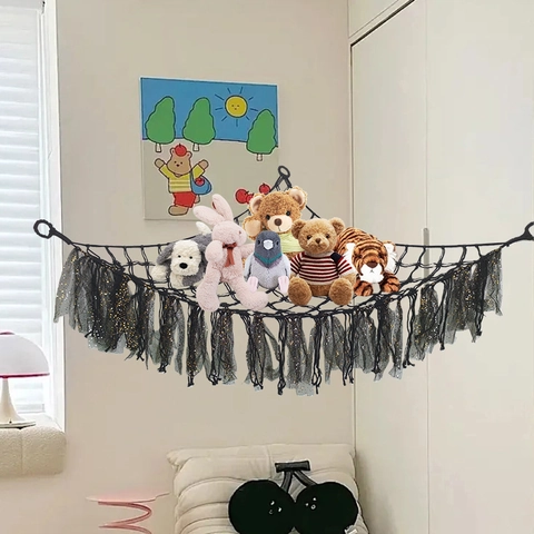 Macrame Toy Storage Hammock Woven Cotton Rope Corner Wall Hanging Net With Tassels For Nursery Kids Playroom Boho Decor