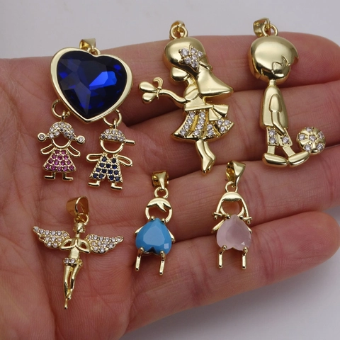 Gold Plated Copper Micro Pave Zirconia Cartoon Boy Girl Angel Pendant Necklace For Women Kids Individual Jewelry Gift