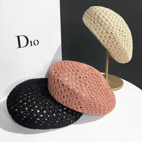 Women Summer Hollow Out Straw Woven Beret Hat Breathable Japanese Style Solid Color Lightweight Painter Cap